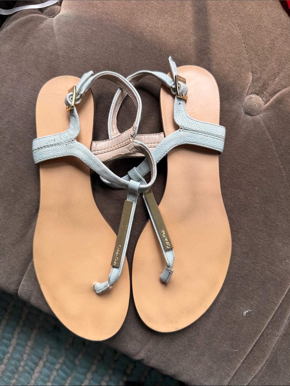 Calvin Klein Silver T-Strap Sandals with Gold Accents